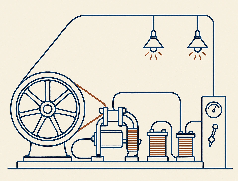Line drawing of a small alternating-current lighting plant standing on one bedplate. At the left a large spoked flywheel drives a flat belt up to a compact machine whose field coils are drawn as bands of copper winding. Cables run from it to two upright transformers, their windings also drawn as copper bands, and on to a plain switchboard carrying a blank circular dial and a knife switch. A single overhead wire leaves the switchboard and carries two shaded pendant lamps, each with a small copper burst of light beneath it. There is no motor anywhere in the row.