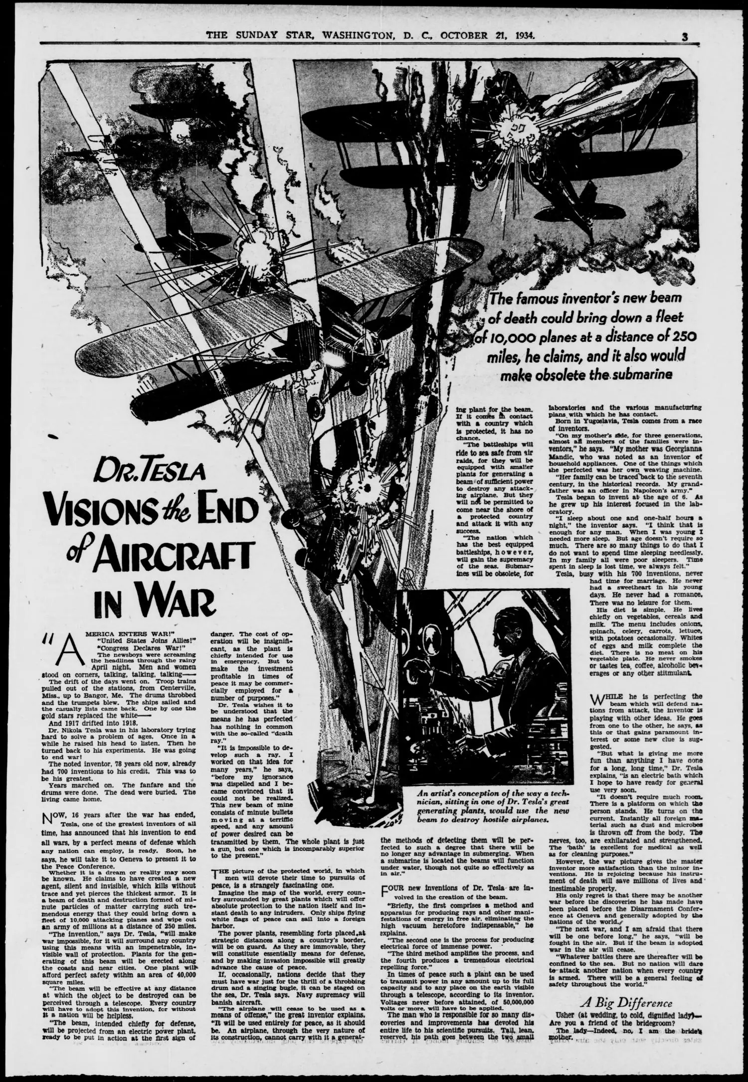 A 1934 Sunday magazine page. Most of it is taken up by a dramatic pen illustration of biplanes breaking apart in mid-air, struck by thin beams. A hand-lettered headline at the lower left reads DR. TESLA VISIONS THE END OF AIRCRAFT IN WAR. A smaller inset picture at lower centre shows a man at a control desk in a darkened plant. Four columns of small type run down the right-hand half of the page.