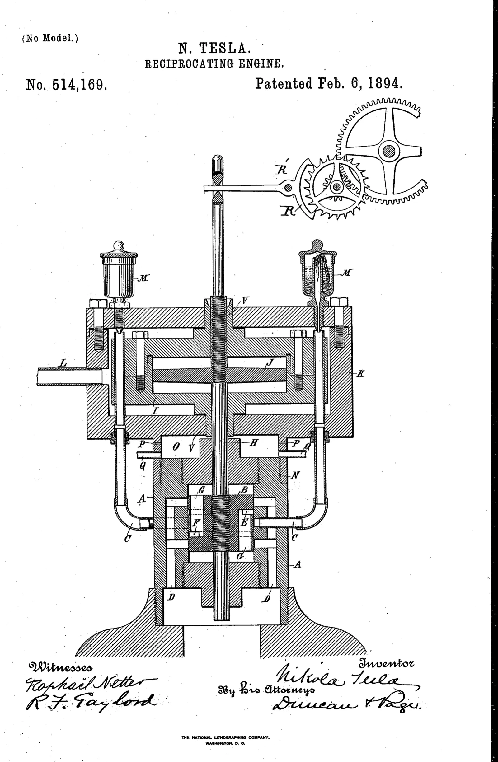 A patent drawing sheet in fine black line on white. The heading reads N. TESLA, RECIPROCATING ENGINE, No. 514,169, Patented Feb. 6, 1894. The drawing is a vertical cutaway of a compact engine standing on a flared pedestal foot: a tall central rod rises from a hatched cylinder block, flanked by two small domed vessels, with pipes looping down each side to the base. At the upper right, separate from the engine, a toothed ratchet wheel engages a small four-armed counting wheel. Signatures in copperplate run along the bottom beside the words Witnesses, Inventor and By his Attorneys.
