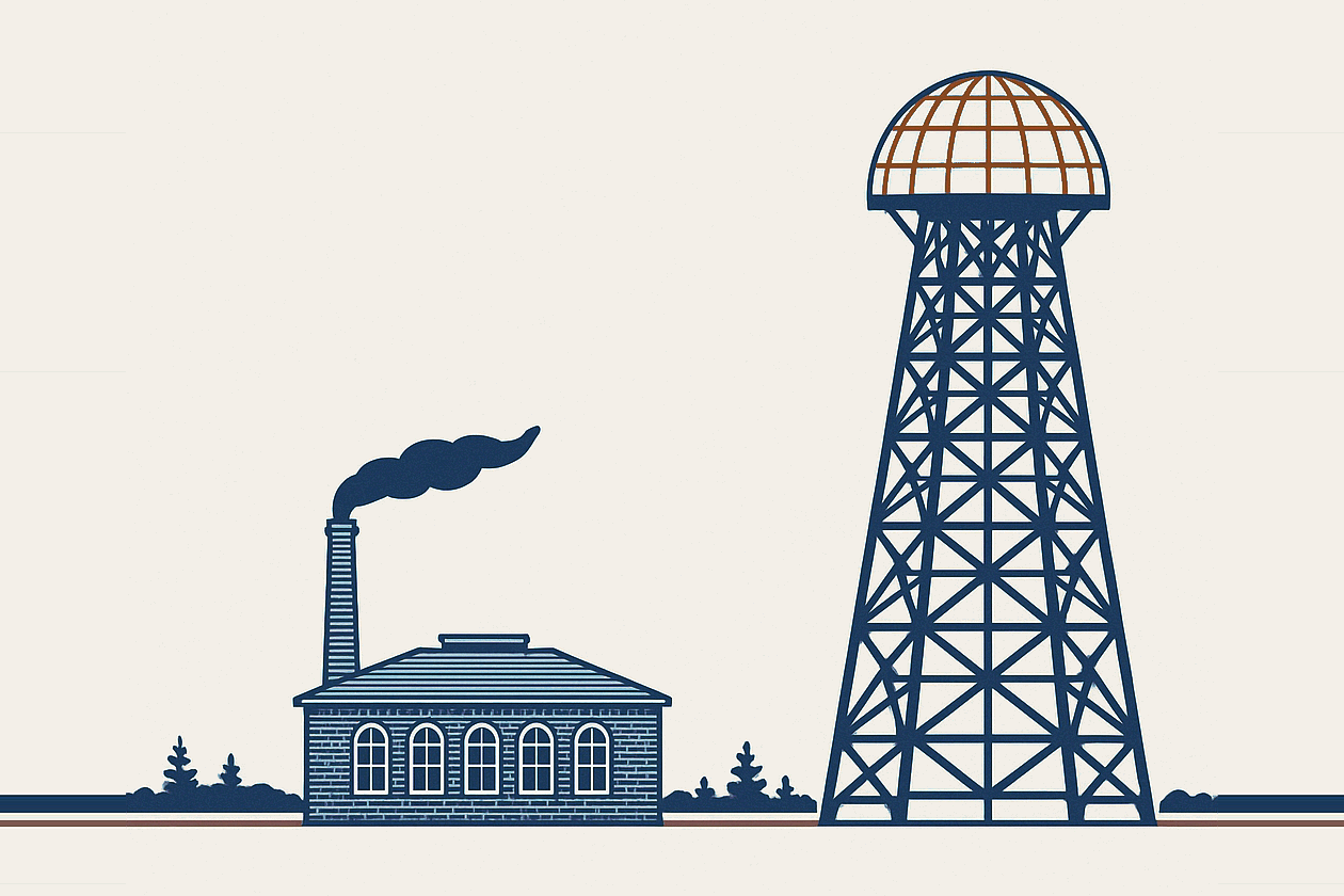 Illustration of the Wardenclyffe site on a flat, empty plain. At the right a tall tapering lattice tower of crossed timbers carries a hemispherical cage of ribs at its top, left open with no skin on it. At the left, far lower, stands a square brick laboratory with a tall chimney rising through its roof, trailing a single plume of coal smoke sideways across the sky.